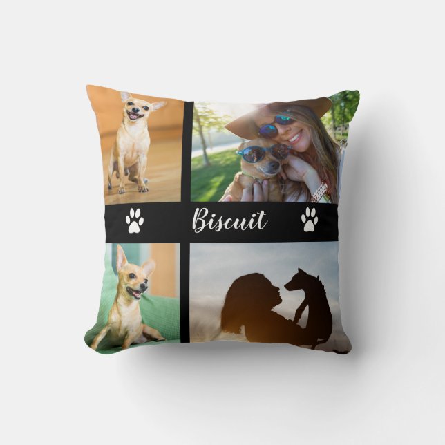 4 Photo Dog Collage with Paw Prints | Cushion (Front)