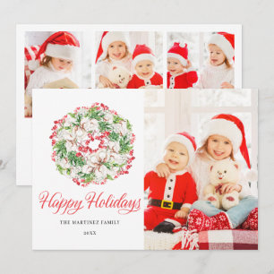 4 PHOTO Elegant Christmas Wreath Flat Holiday Card