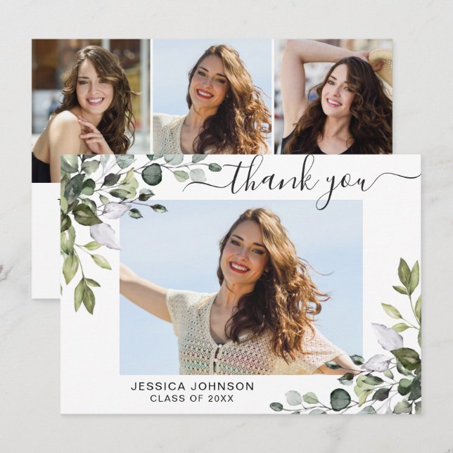 4 PHOTO Elegant Eucalyptus Greenery Graduation Thank You Card (Front/Back)