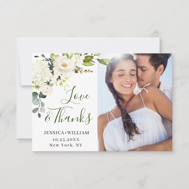 4 PHOTO Elegant Eucalyptus White Roses Floral Thank You Card (Front)