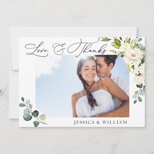 4 PHOTO Elegant Eucalyptus White Roses Floral Thank You Card (Front)