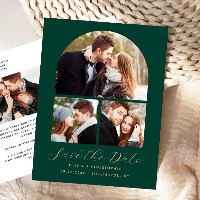 4-Photo Emerald Green Gold Arch Save the Date Announcement Postcard (Creator Uploaded)