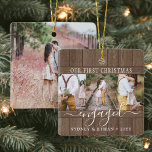 4 Photo Engagement 1st Christmas Rustic Faux Wood Ceramic Ornament<br><div class="desc">Celebrate the joyful 1st holiday of your engagement with a custom 4 photo "Our First Christmas Engaged" square faux wood ceramic ornament. All wording and images on this template are simple to personalise. (IMAGE PLACEMENT TIP: An easy way to centre a photo exactly how you want is to crop it...</div>