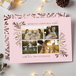4 Photo Family Christmas Pink Botanical Collage Holiday Card