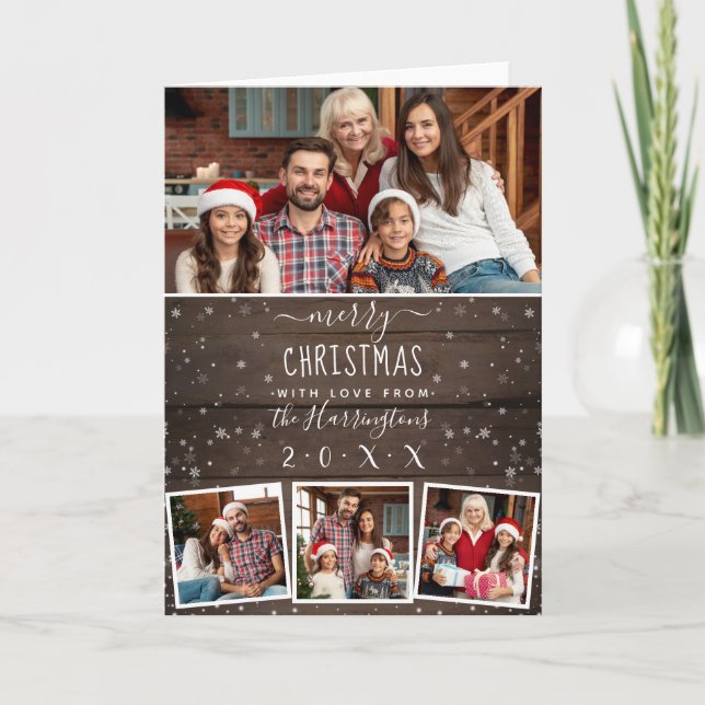 4 Photo Family Collage | Rustic Wooden Christmas Holiday Card (Front)