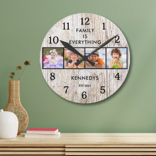 4 Photo Family Is Everything Quote Light Wood Round Clock