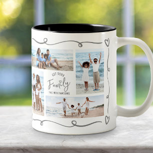 4 Photo Family Year Est Grey Hand Drawn Doodles Two-Tone Coffee Mug