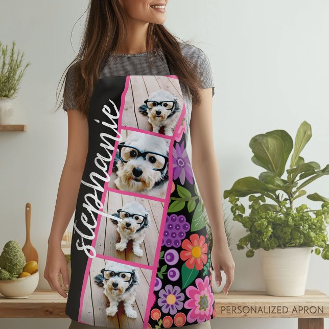 4 Photo Film Strip - Script Name Funky Flowers Apron (Personalized Apron)