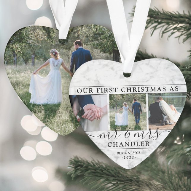4 Photo First Christmas as Mr & Mrs Faux Marble Ornament (Creator Uploaded)