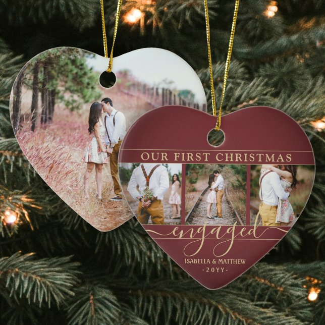 4 Photo First Christmas Engaged Burgundy Red Heart Ceramic Tree Decoration (Creator Uploaded)