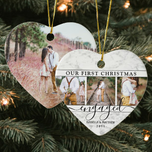 4 Photo First Christmas Engaged Faux Marble Heart Ceramic Tree Decoration