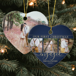4 Photo First Christmas Engaged Navy & Gold Heart Ceramic Tree Decoration