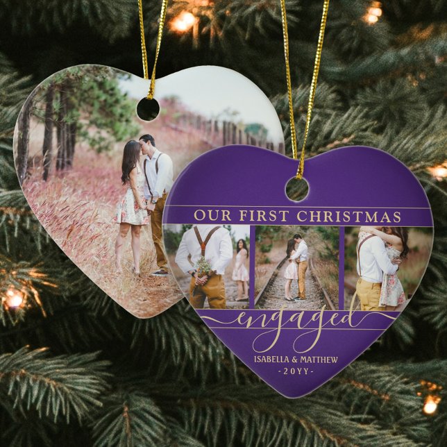 4 Photo First Christmas Engaged Purple Gold Heart Ceramic Tree Decoration (Creator Uploaded)