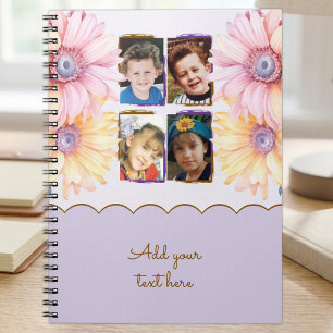 4 photo flowers text purple brown notebook