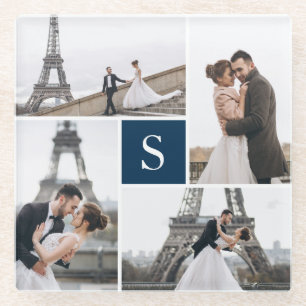 4 Photo Gallery and Blue Colour Block Monogram Glass Coaster