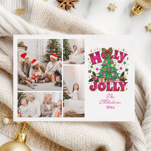 4 Photo Glitter Leopard Bow Holly Jolly Holiday Card