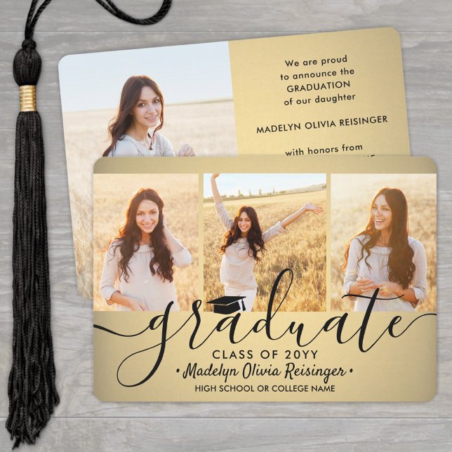 4 Photo Graduation Collage Black and Gold Ombre Announcement (Creator Uploaded)