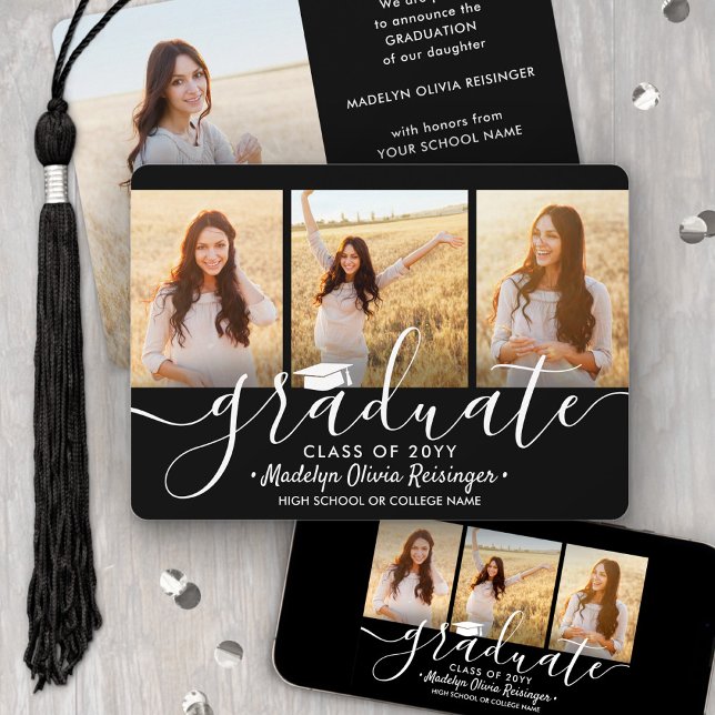 4 Photo Graduation Collage Black and White Script Announcement (Creator Uploaded)