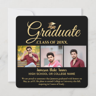 4 Photo Graduation Collage Modern Black and Gold Announcement