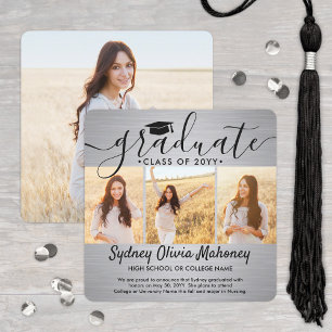 4 Photo Graduation Collage Modern Brushed Silver Announcement