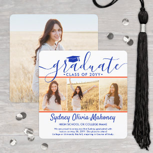 4 Photo Graduation Collage Modern Orange and Blue Announcement