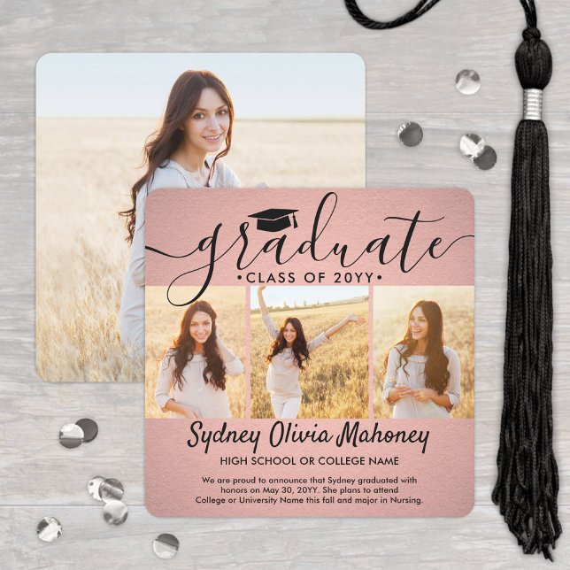 4 Photo Graduation Collage Modern Pink and Black Announcement (Creator Uploaded)