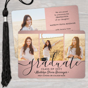4 Photo Graduation Collage Pink Rose Gold & Black Announcement