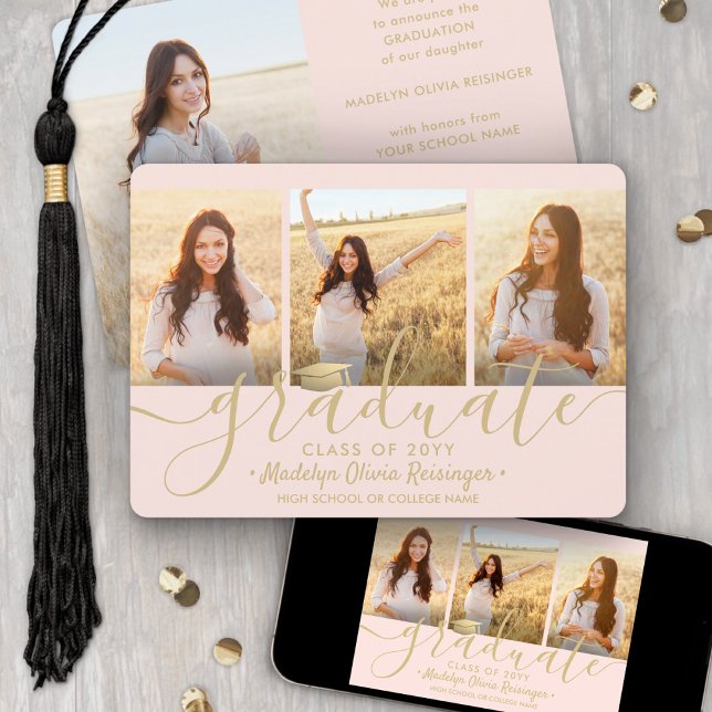 4 Photo Graduation Collage Script Blush Pink Gold Announcement (Creator Uploaded)