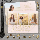 4 Photo Graduation Collage Script Blush Pink Gold Announcement<br><div class="desc">Share the joy of a high school or college graduation with these custom 4 photo collage blush pink and gold announcements. All pictures and wording are simple to personalize. (IMAGE PLACEMENT TIP: An easy way to center a photo exactly how you want is to crop it before uploading to the...</div>