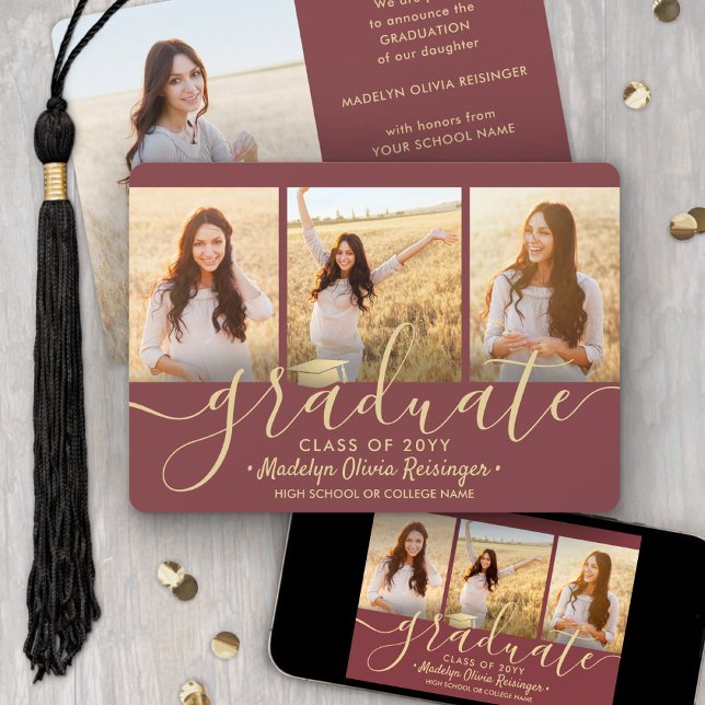 4 Photo Graduation Collage Script Burgundy & Gold Announcement (Creator Uploaded)