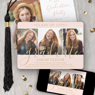 4 Photo Graduation Party Blush Pink & Gold Script Invitation
