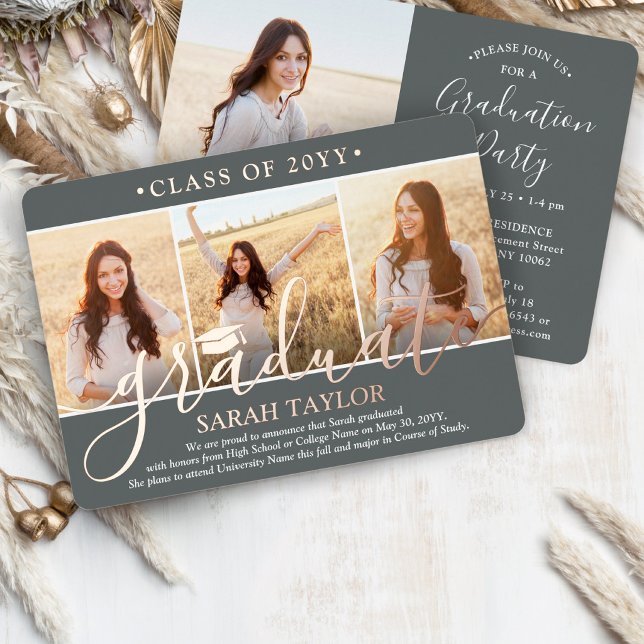 4 Photo Graduation Party Modern Script Grey and (Creator Uploaded)
