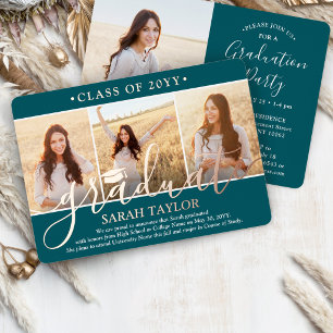 4 Photo Graduation Party Modern Script Teal and