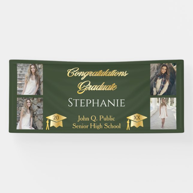 4 Photo Green Gold Congrats Graduate Name School Banner (Horizontal)