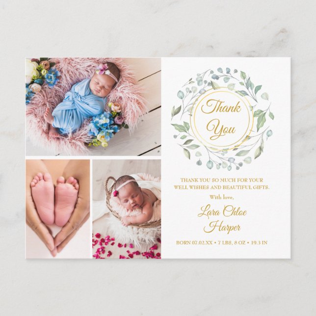 4 Photo Greenery Floral Gold Thank You Baby Birth  Announcement Postcard (Front)