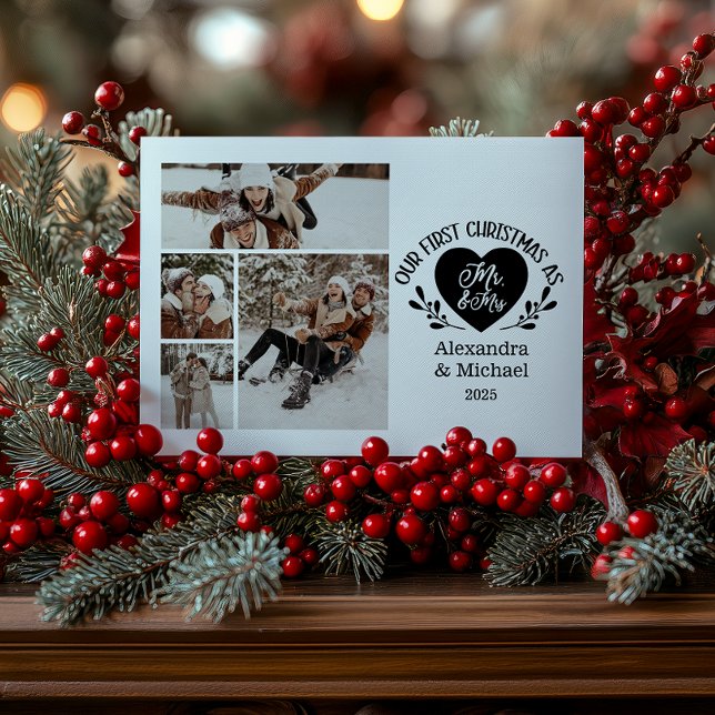 4 Photo Heart First Christmas as Mr & Mrs Holiday Card (Creator Uploaded)