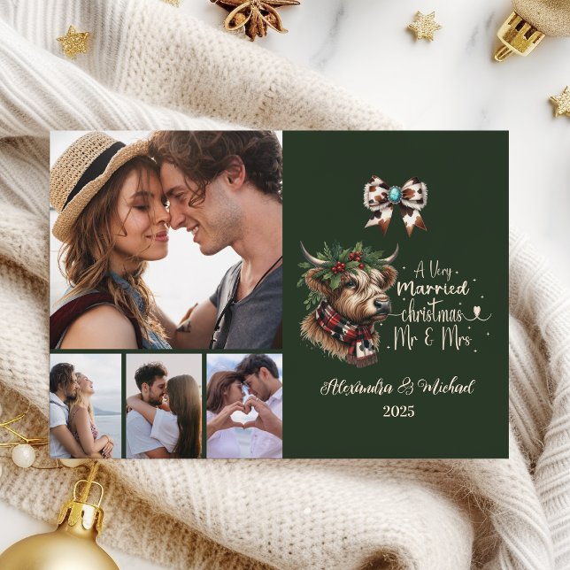 4 Photo Highland Cow Merry Christmas Mrs and Mr Holiday Card (Creator Uploaded)