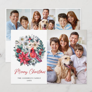 4 PHOTO Holly Berry Cardinal Poinsettia Christmas Holiday Card