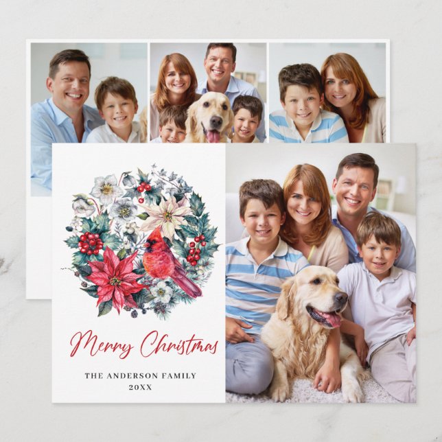 4 PHOTO Holly Berry Cardinal Poinsettia Christmas Holiday Card (Front/Back)