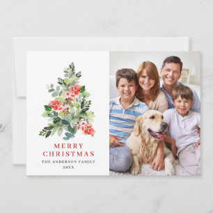4 PHOTO Holly Berry Christmas Tree Greeting Holiday Card