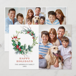 4 PHOTO Holly Berry Wreath Christmas Greeting Holiday Card