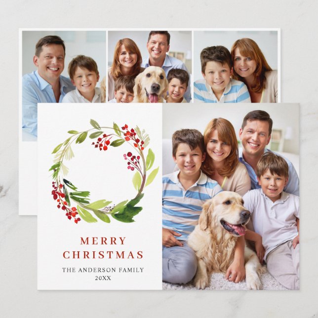 4 PHOTO Holly Berry Wreath Christmas Greeting Holiday Card (Front/Back)