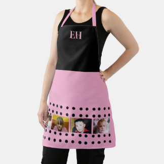 4 photo initials polka dots black pink apron