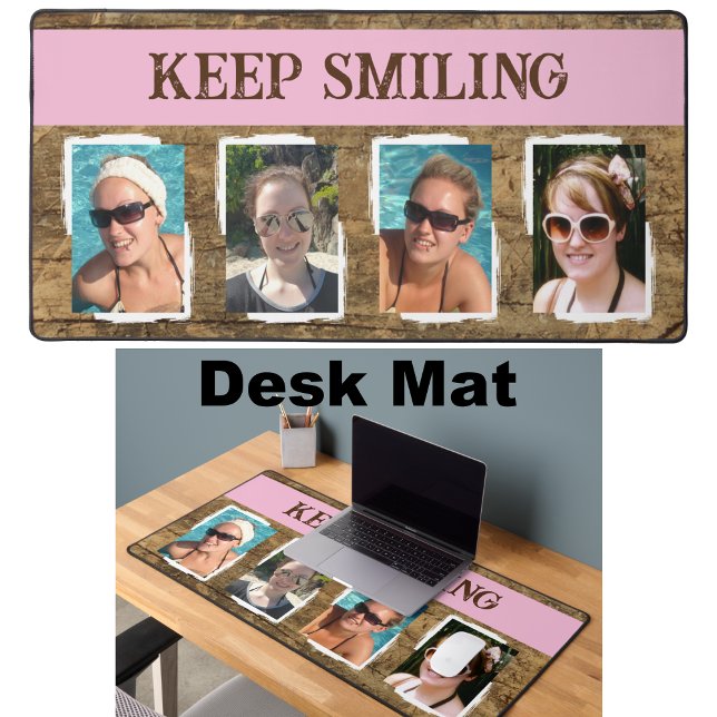 4 photo keep smiling brown pink desk mat (Creator Uploaded)