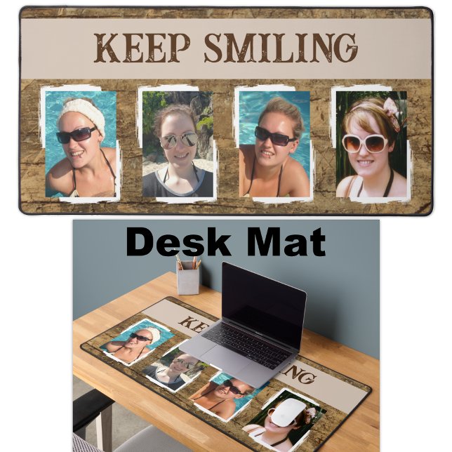 4 photo keep smiling brown white desk mat (Creator Uploaded)