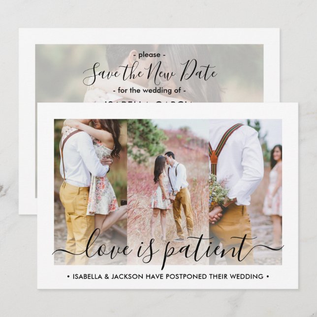 4 Photo Love is Patient Wedding Postponement Save The Date (Front/Back)