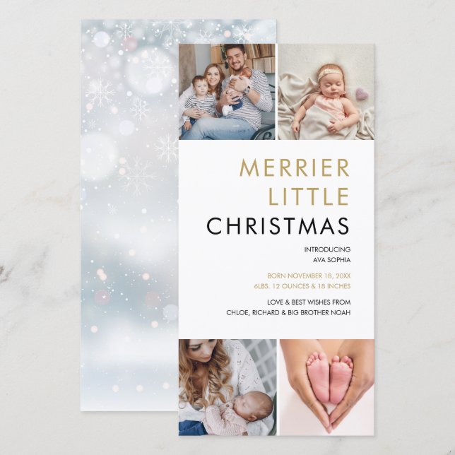 4 Photo Merrier Little Christmas Birth Holiday Card (Front/Back)