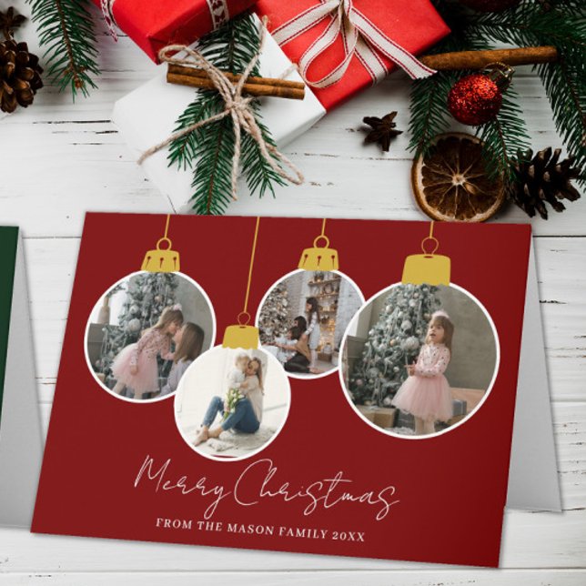 4 photo Merry Christmas bauble Photo Card (Creator Uploaded)
