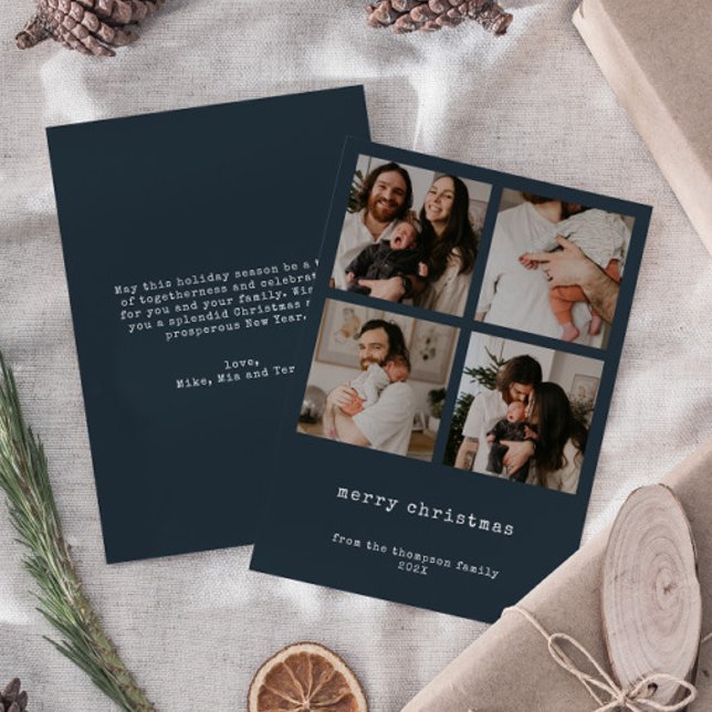 4 Photo Merry Christmas Dark Azure Holiday Card (Creator Uploaded)