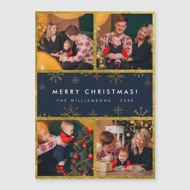 4 Photo Merry Christmas | Festive Gold Foil & Snow (Front)